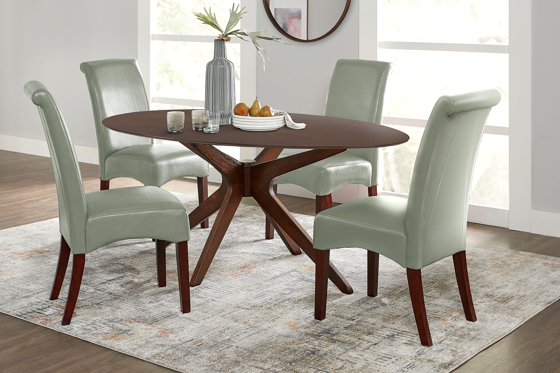 Delmon Walnut 5 Pc Oval Dining Set with Green Chairs - Image 1