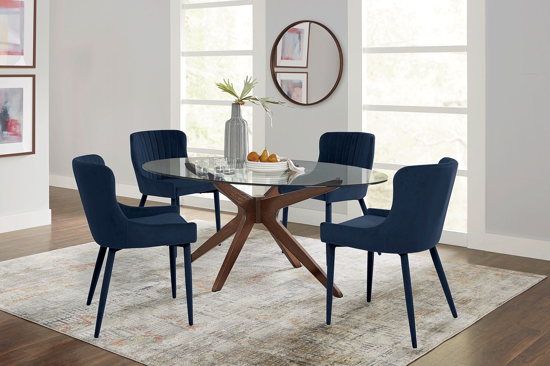 Delmon Walnut 5 Pc Oval Dining Set with Indigo Chairs - Image 1