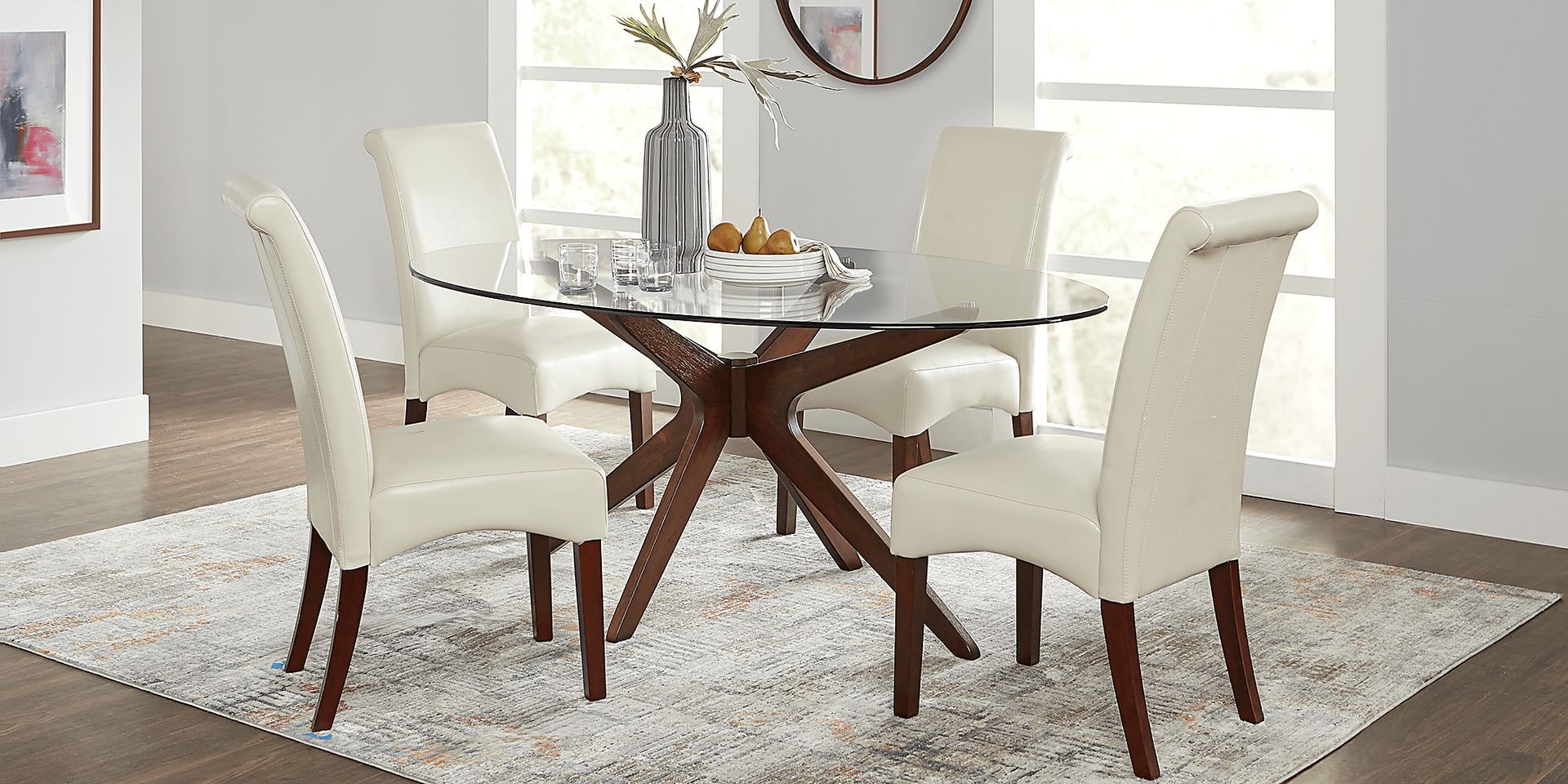 Delmon Walnut 5 Pc Oval Dining Set with Ivory Chairs - Image 1