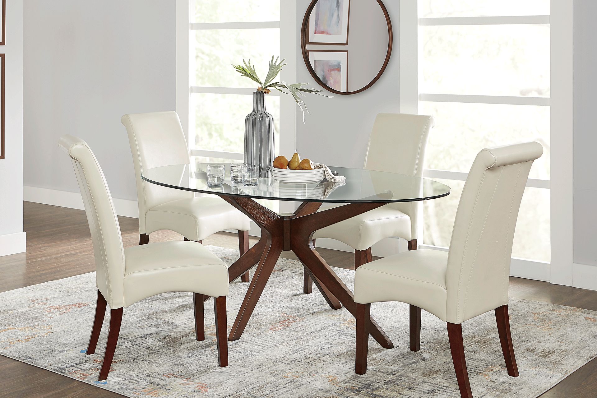 Delmon Walnut 5 Pc Oval Dining Set with Ivory Chairs - Image 1