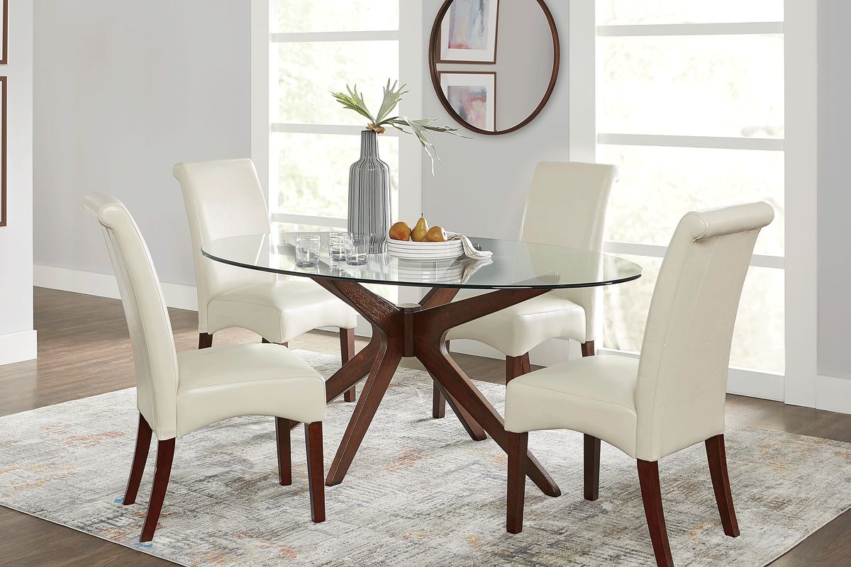 Delmon 5 Pc Walnut Dark Wood Ivory Beige Dining Room Set With Dining 