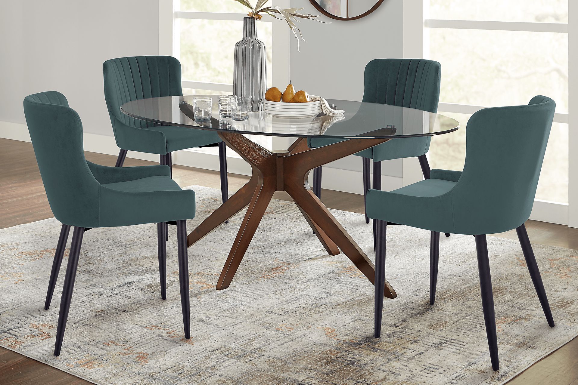 Delmon Walnut 5 Pc Oval Dining Set with Navy Chairs - Image 1