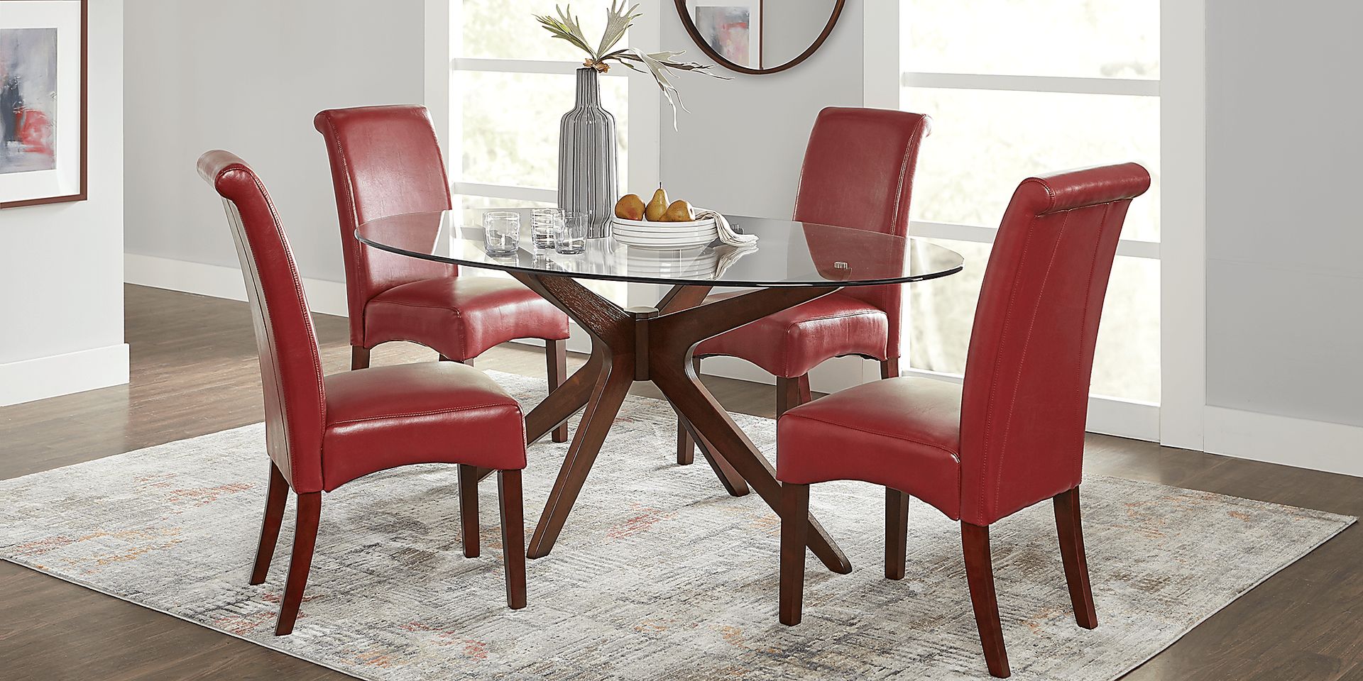 Delmon Walnut 5 Pc Oval Dining Set with Red Chairs - Image 1