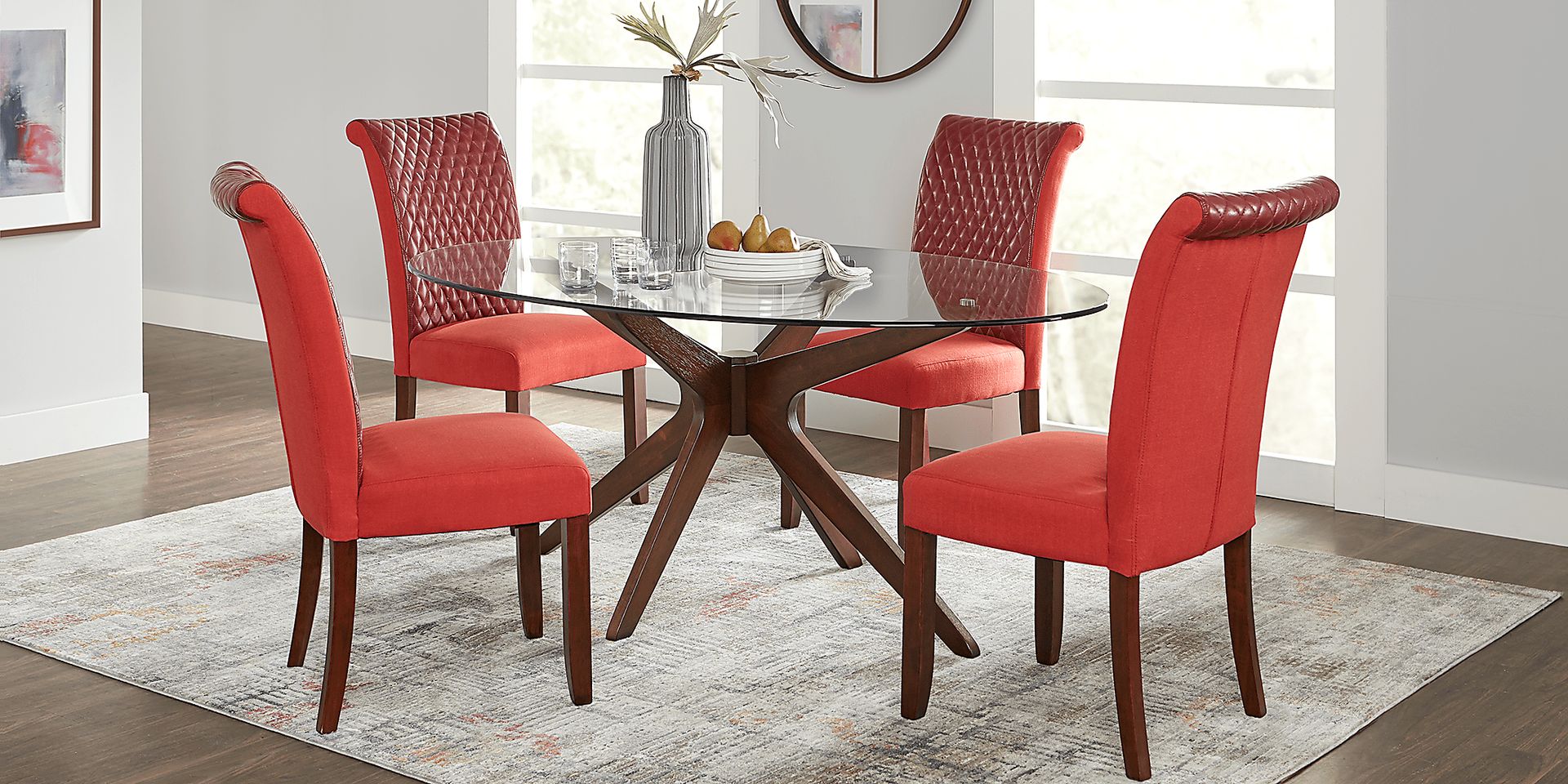 Delmon Walnut 5 Pc Oval Dining Set with Red Chairs - Image 1