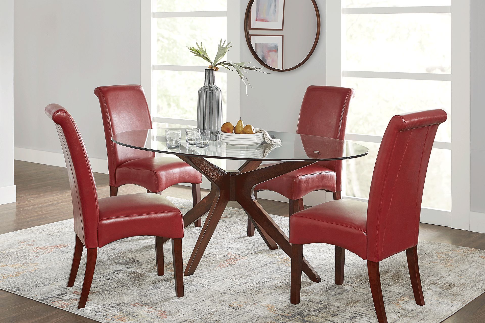 Delmon Walnut 5 Pc Oval Dining Set with Red Chairs - Image 1