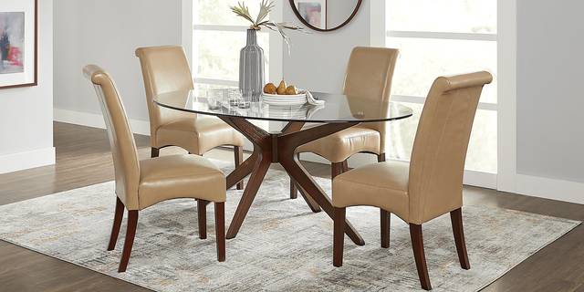 Delmon Walnut 5 Pc Oval Dining Set with Tan Chairs - Thumbnail - Image 1