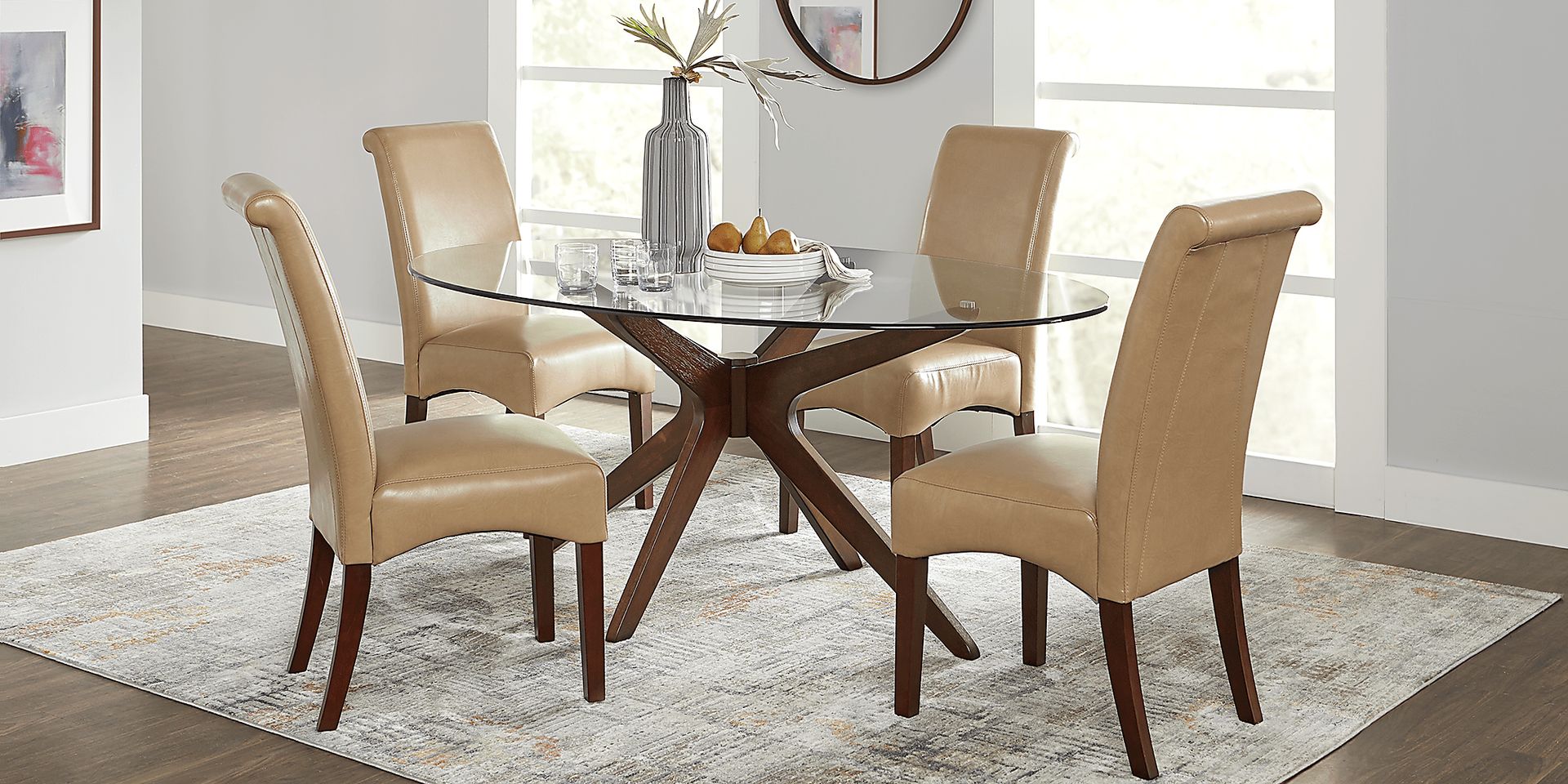 Delmon Walnut 5 Pc Oval Dining Set with Tan Chairs - Image 1