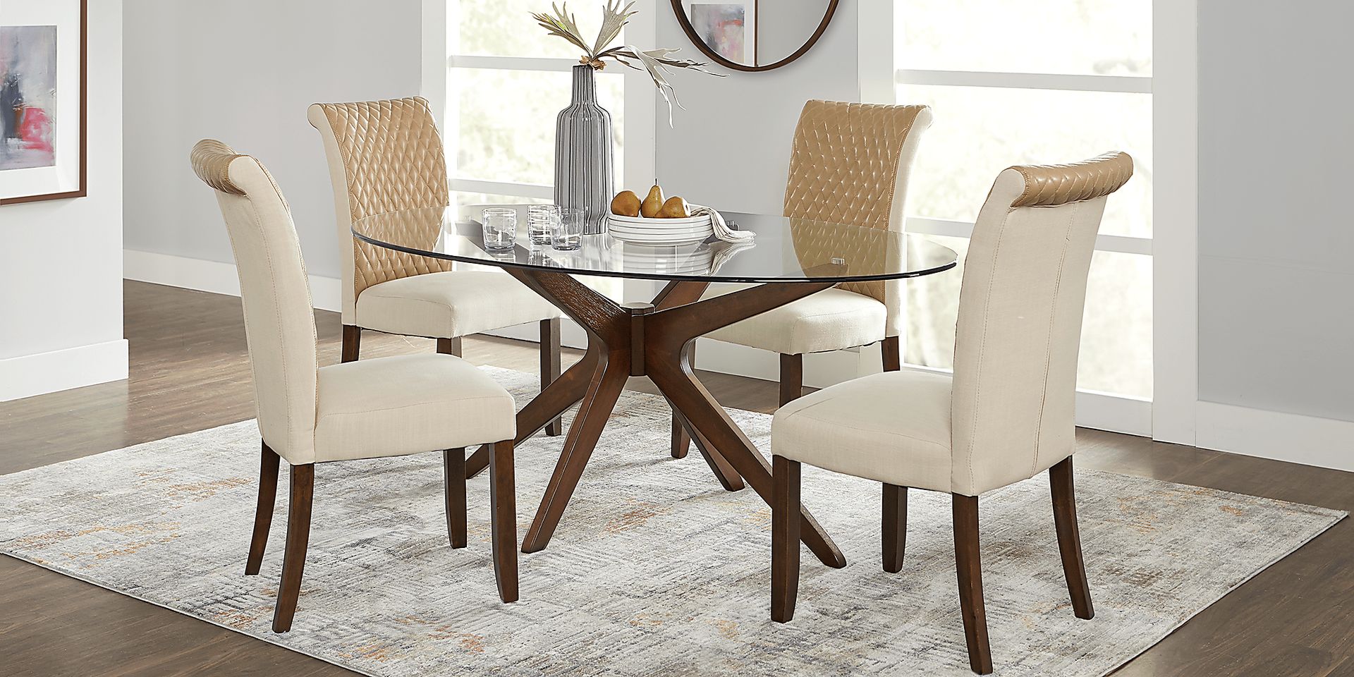 Delmon Walnut 5 Pc Oval Dining Set with Tan Chairs - Image 1