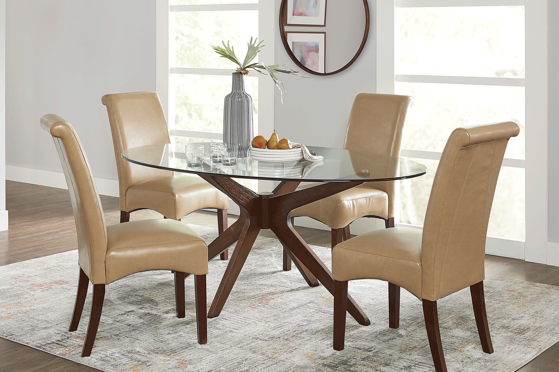 Delmon Walnut 5 Pc Oval Dining Set with Tan Chairs - Image 1