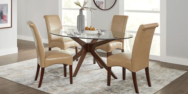 Delmon Walnut 5 Pc Oval Dining Set with Tan Chairs