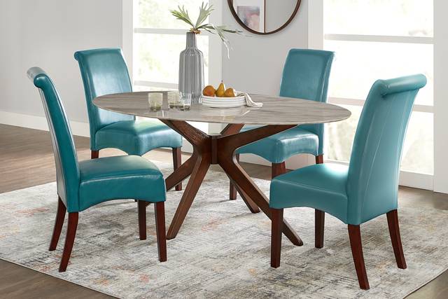 Delmon White 5 Pc Oval Dining Set with Aqua Chairs - Thumbnail - Image 1
