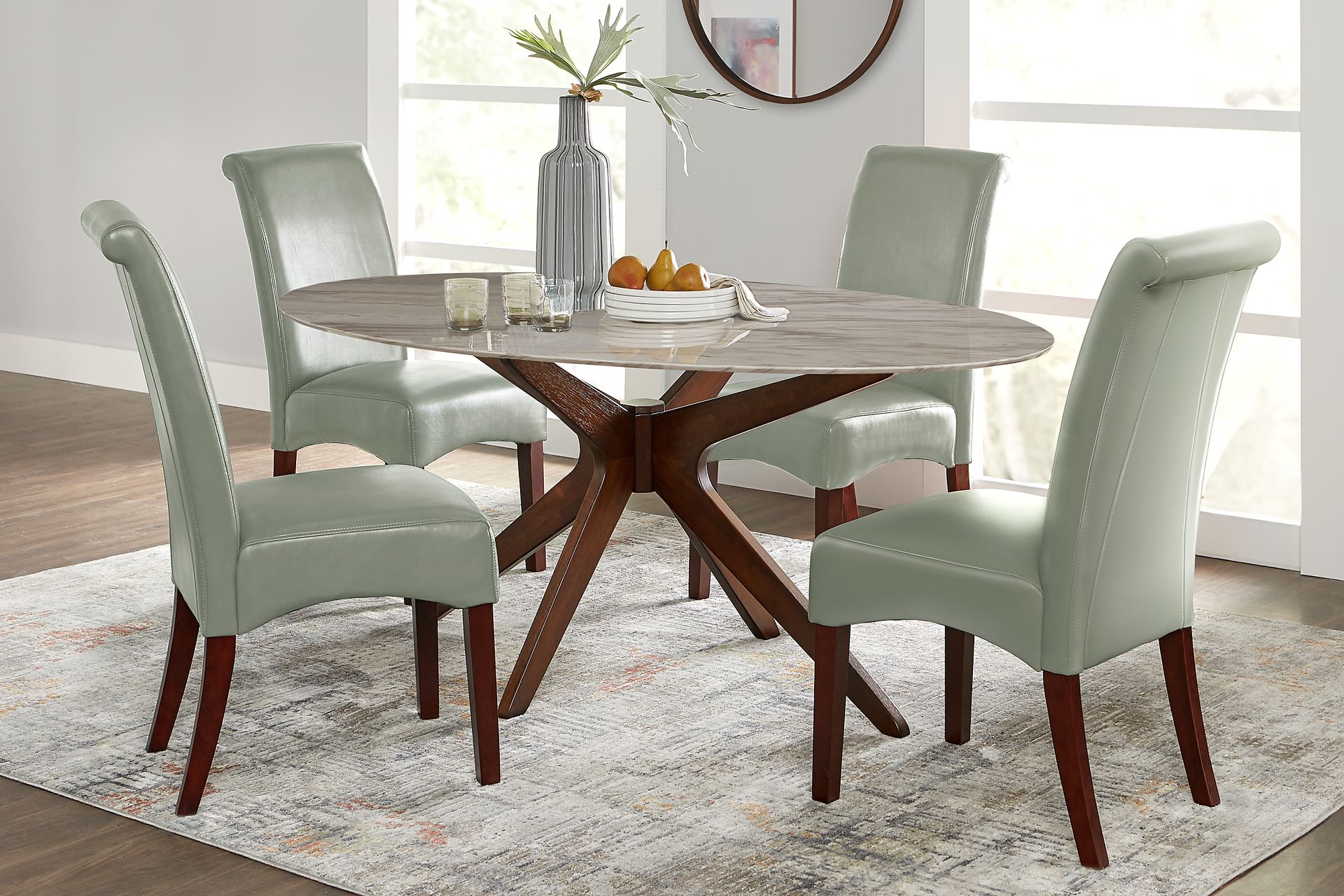 Delmon White 5 Pc Oval Dining Set with Green Chairs - Image 1