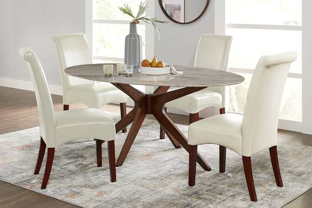 Delmon White 5 Pc Oval Dining Set with Ivory Chairs - Thumbnail - Image 1