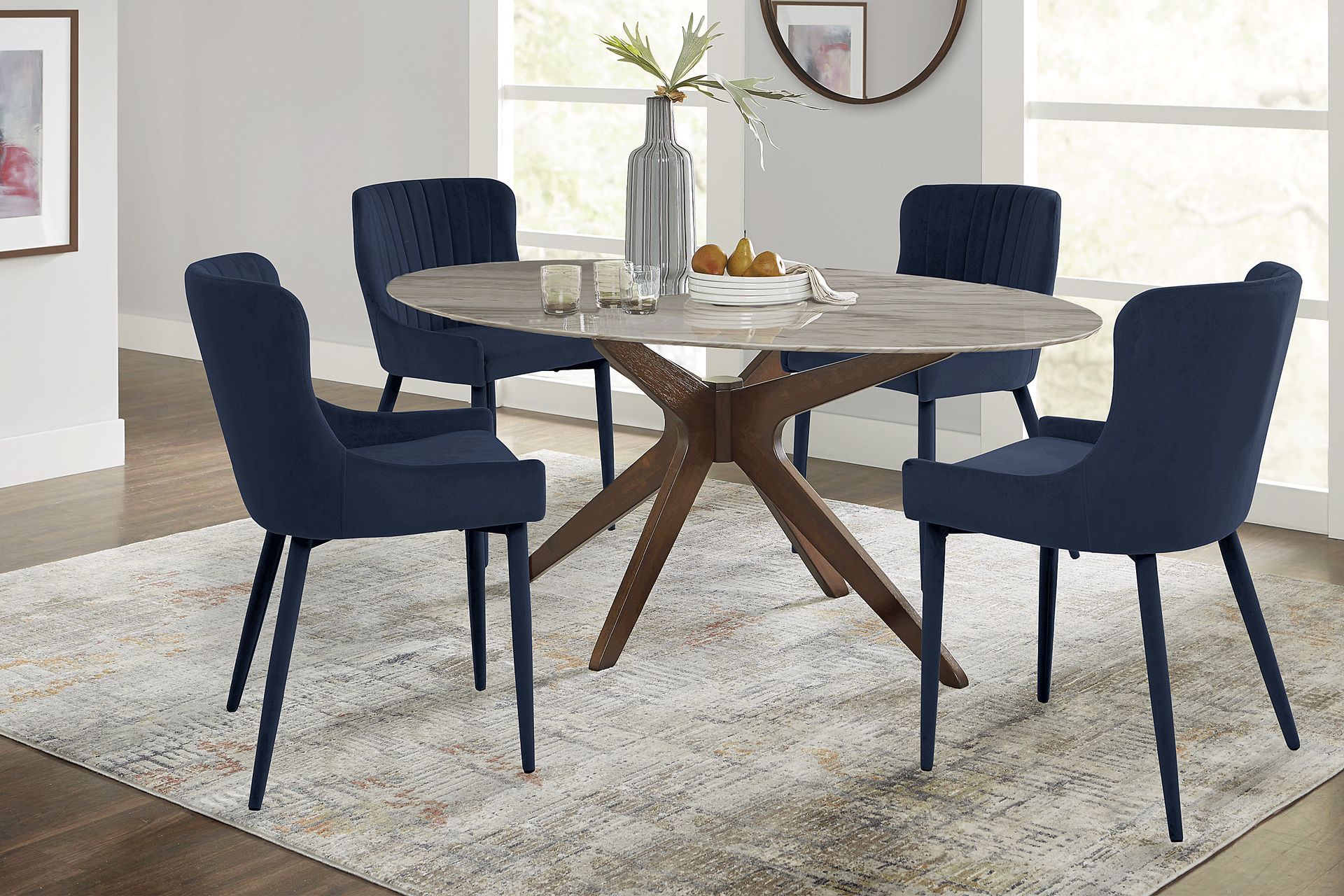 Delmon White 5 Pc Oval Dining Set with Navy Side Chairs - Image 1