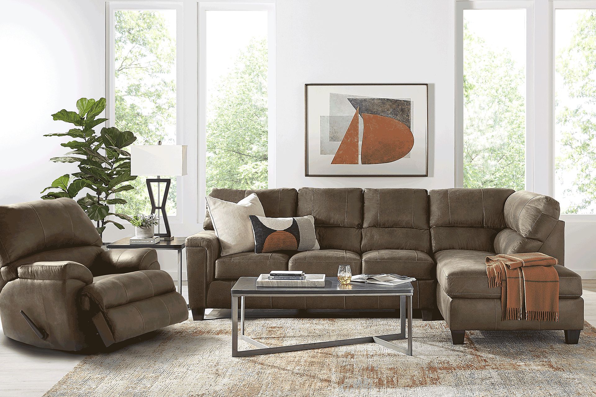 Denio 5 Pc Brown Microfiber Living Room Set With 2 Pc Sectional