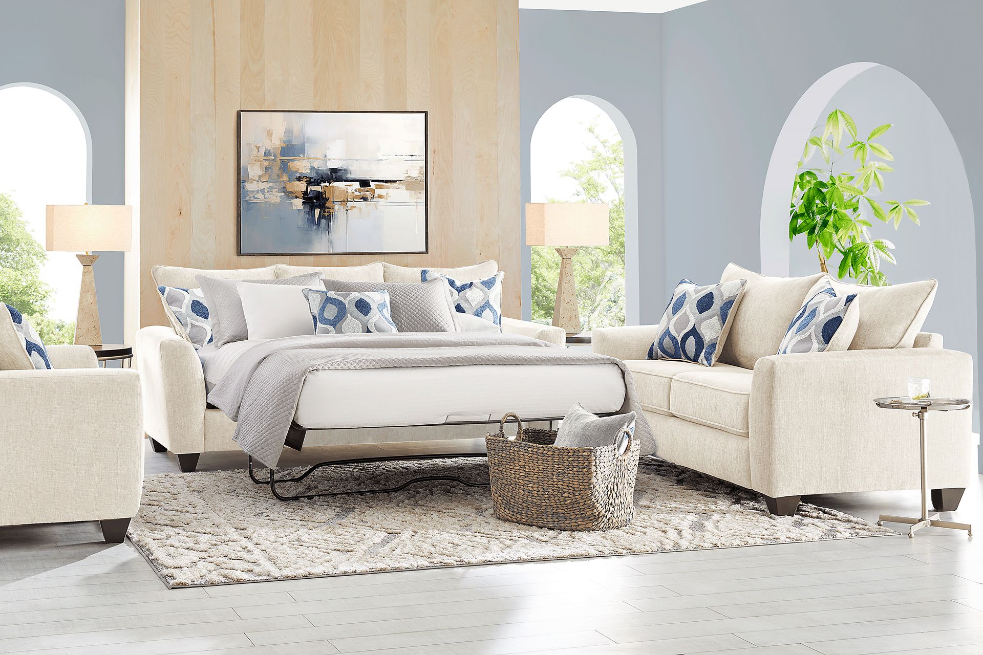 Dennin Heights 7 Pc Beige Woven Living Room Set With Sleeper