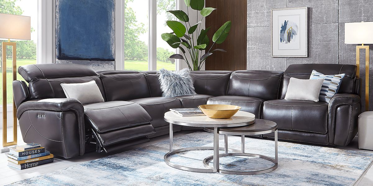 Devero Black Leather 5 Pc Dual Power Reclining Sectional - Rooms To Go