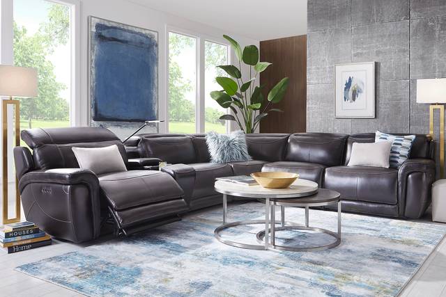 Devero Black Leather 6 Pc Dual Power Reclining Sectional - Thumbnail - Image 2