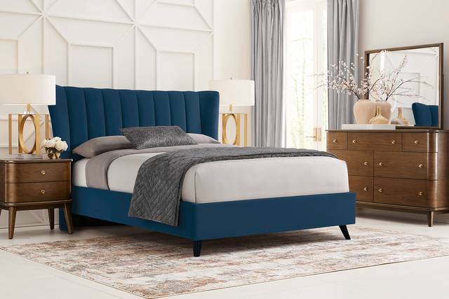 Devon Loft Walnut 5 Pc Bedroom with Nanton Park Blue King Upholstered Bed - Thumbnail - Image 1
