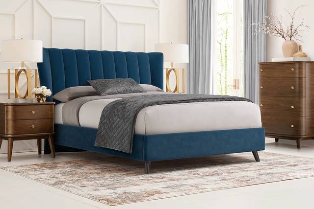 Devon Loft Walnut 5 Pc Bedroom with Nanton Park Blue Queen Upholstered Bed - Thumbnail - Image 1