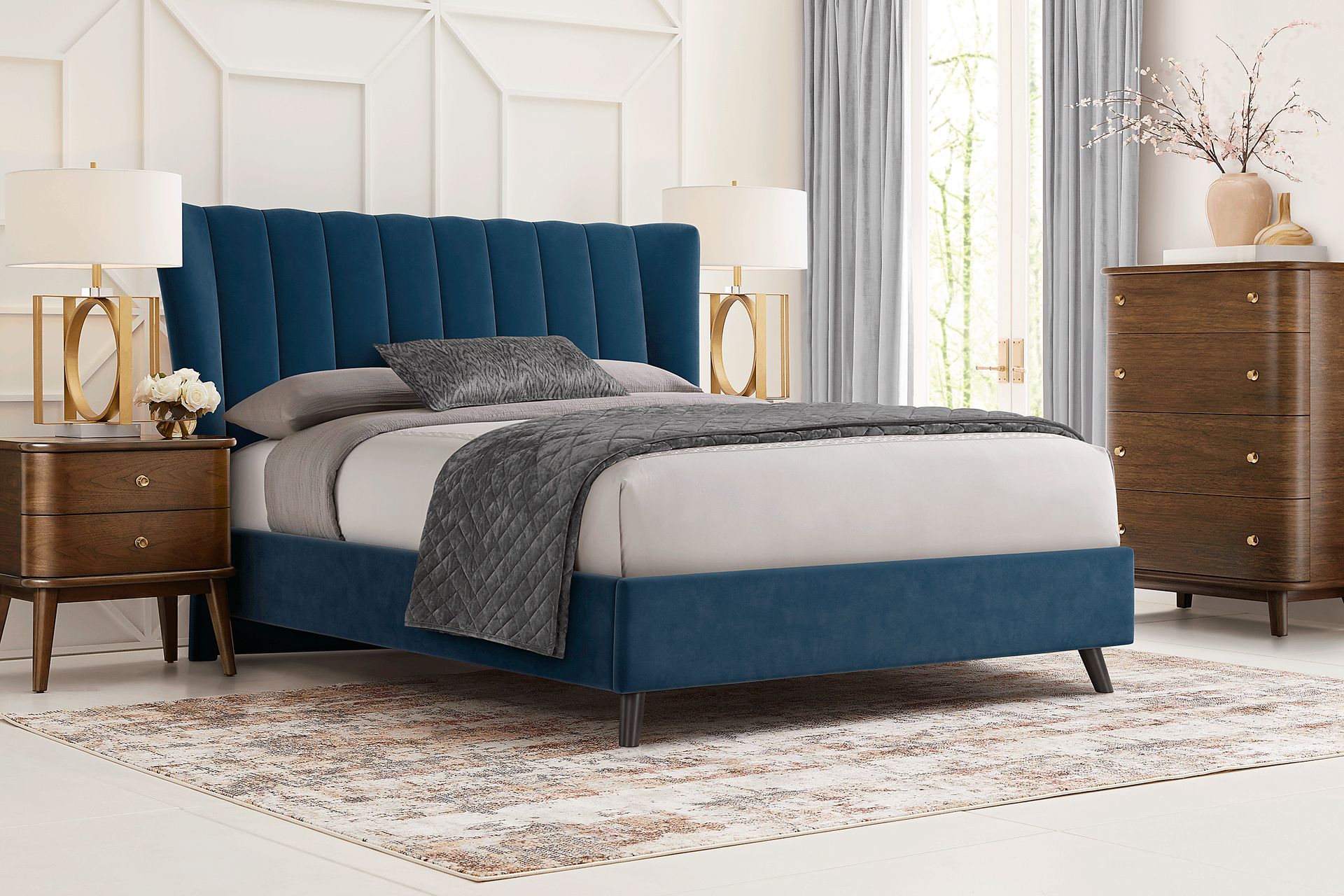 Devon Loft Walnut 5 Pc Bedroom with Nanton Park Blue Queen Upholstered Bed - Image 1