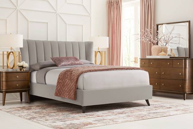 Devon Loft Walnut 5 Pc Bedroom with Nanton Park Gray King Upholstered Bed - Thumbnail - Image 1