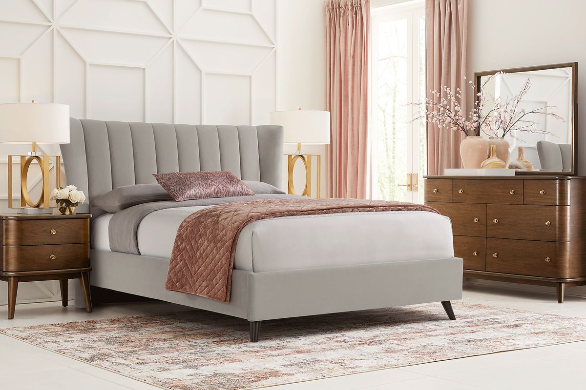 Devon Loft 5 Pc Walnut Dark Wood Gray Velvet Plush King Bedroom Set