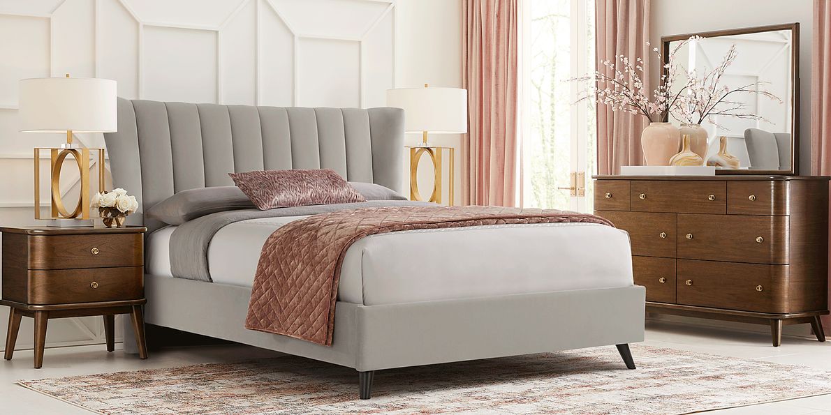 Devon Loft Walnut 5 Pc Bedroom with Nanton Park Gray King Upholstered Bed