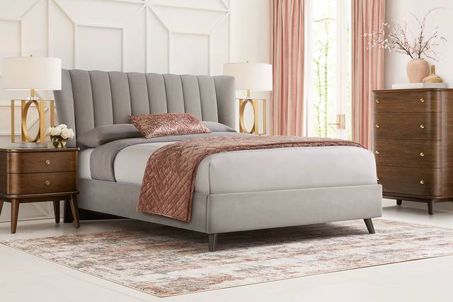 Devon Loft Walnut 5 Pc Bedroom with Nanton Park Gray Queen Upholstered Bed - Thumbnail - Image 1