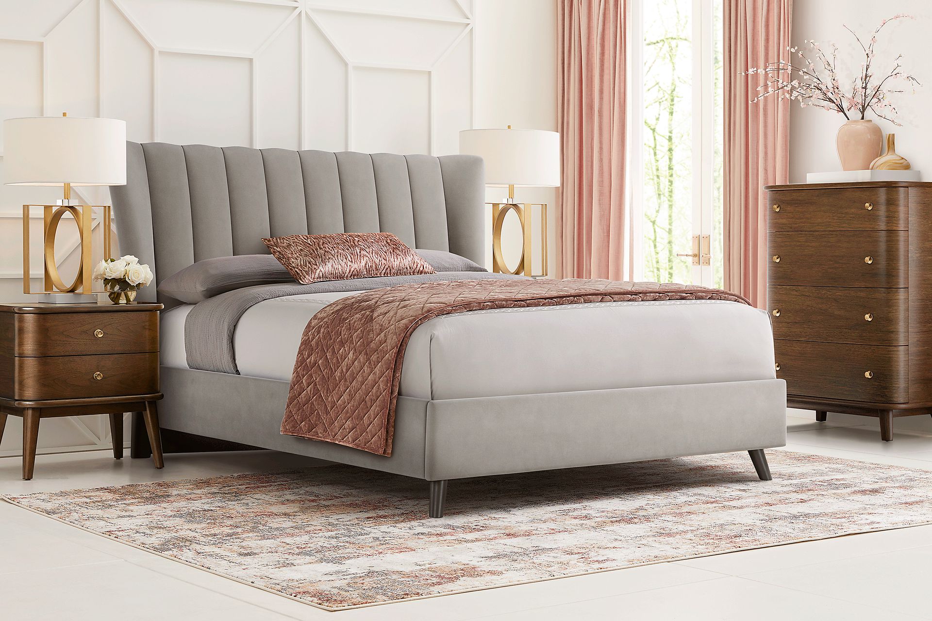 Devon Loft Walnut 5 Pc Bedroom with Nanton Park Gray Queen Upholstered Bed - Image 1
