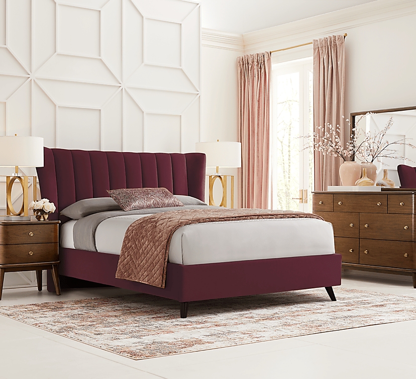 Devon Loft 5 Pc Walnut Dark Wood Red Velvet Plush King Bedroom Set With ...