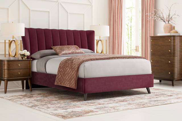 Devon Loft Walnut 5 Pc Bedroom with Nanton Park Red Queen Upholstered Bed - Thumbnail - Image 1