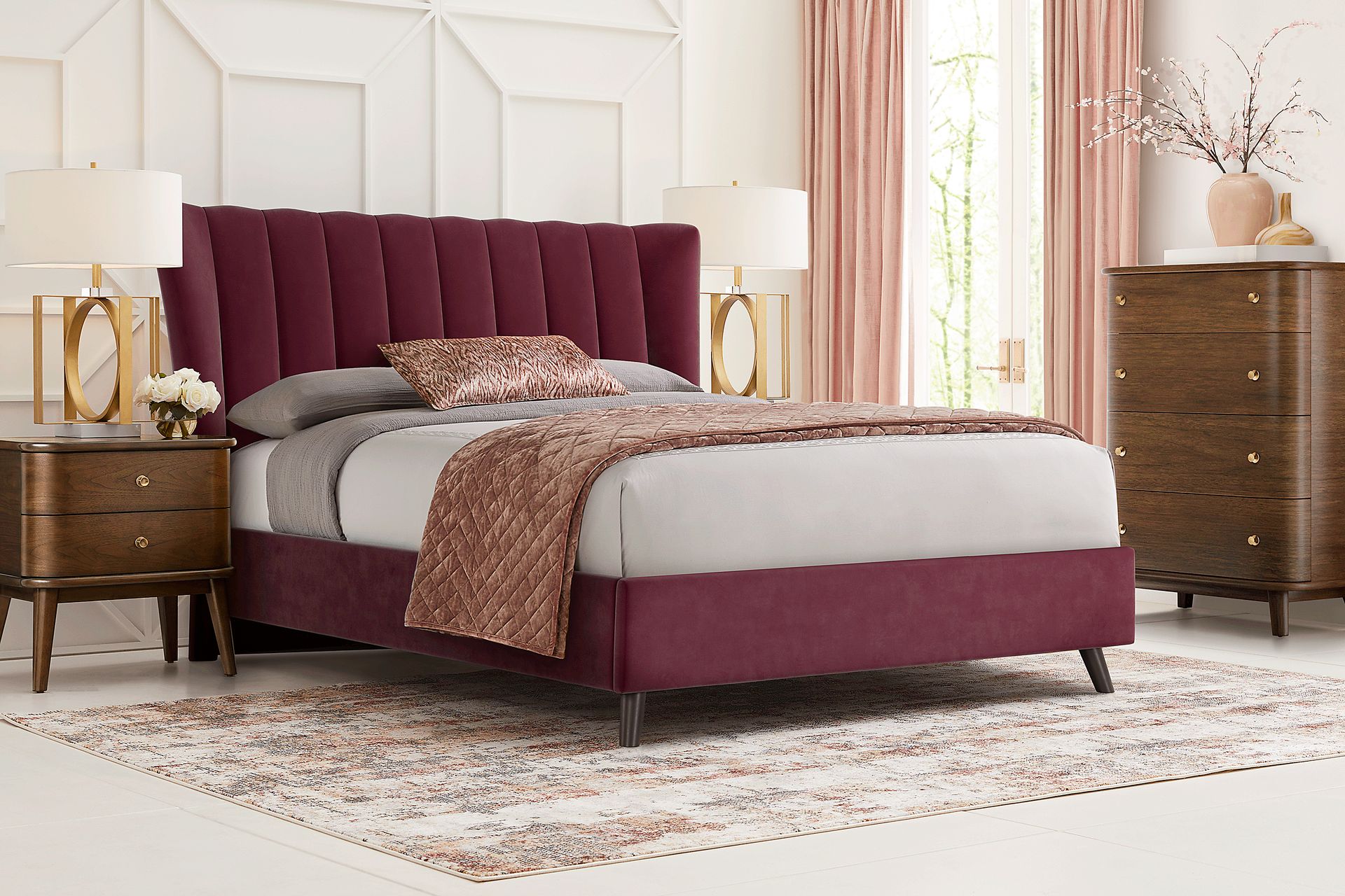 Devon Loft Walnut 5 Pc Bedroom with Nanton Park Red Queen Upholstered Bed - Image 1