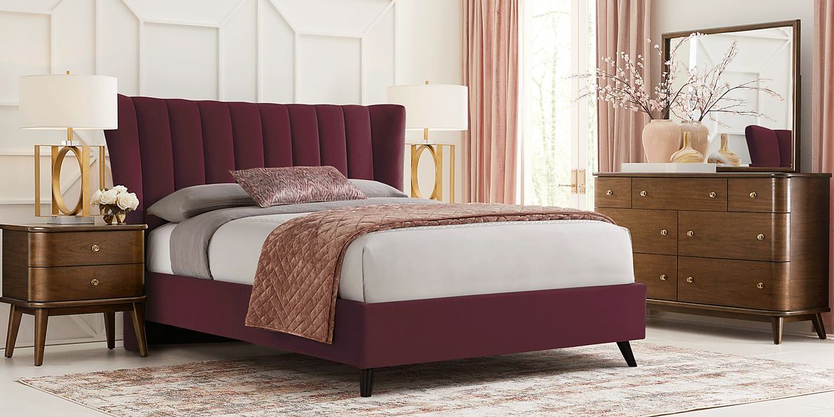 Devon Loft Walnut 5 Pc Bedroom with Nanton Park Red Queen Upholstered Bed