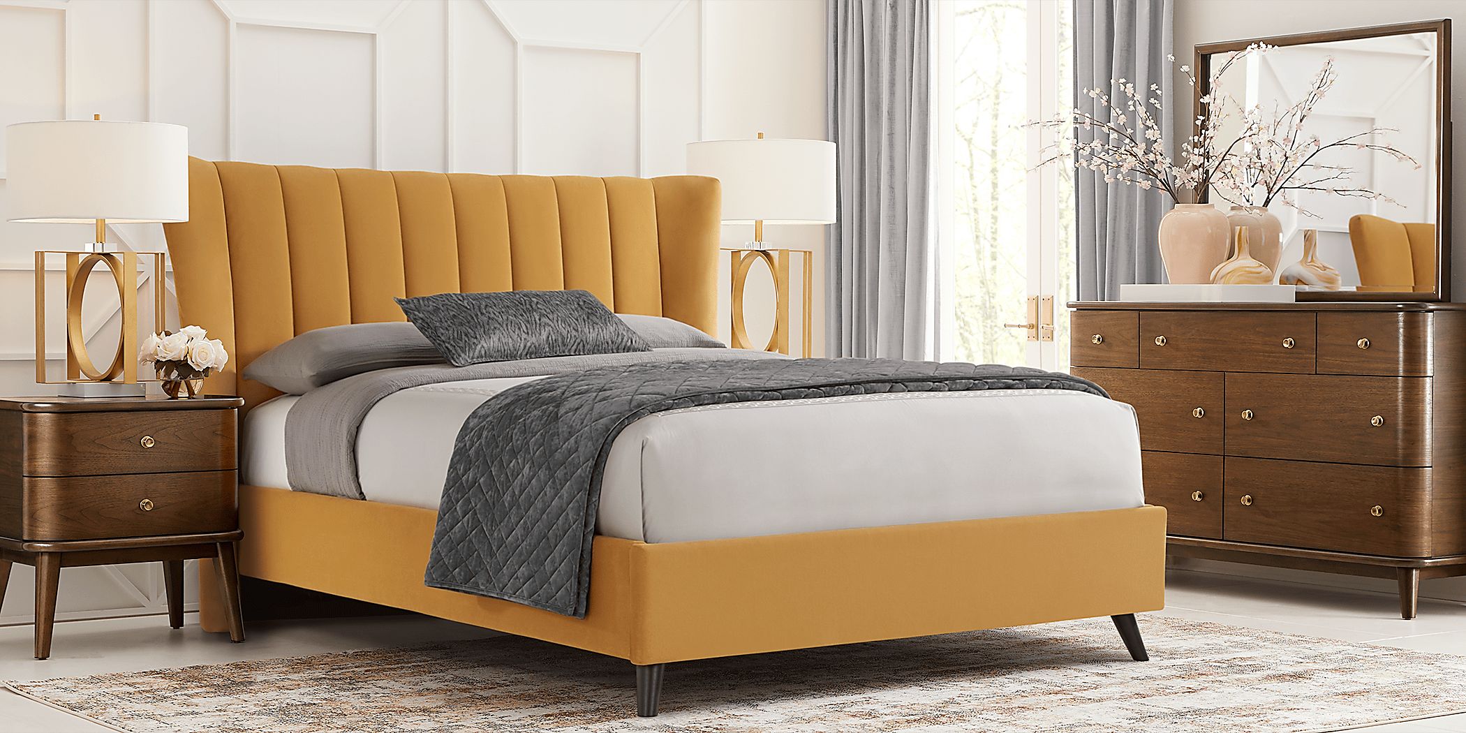 Devon Loft Walnut 5 Pc Bedroom With Nanton Park Yellow King Upholstered Bed Rooms To Go 