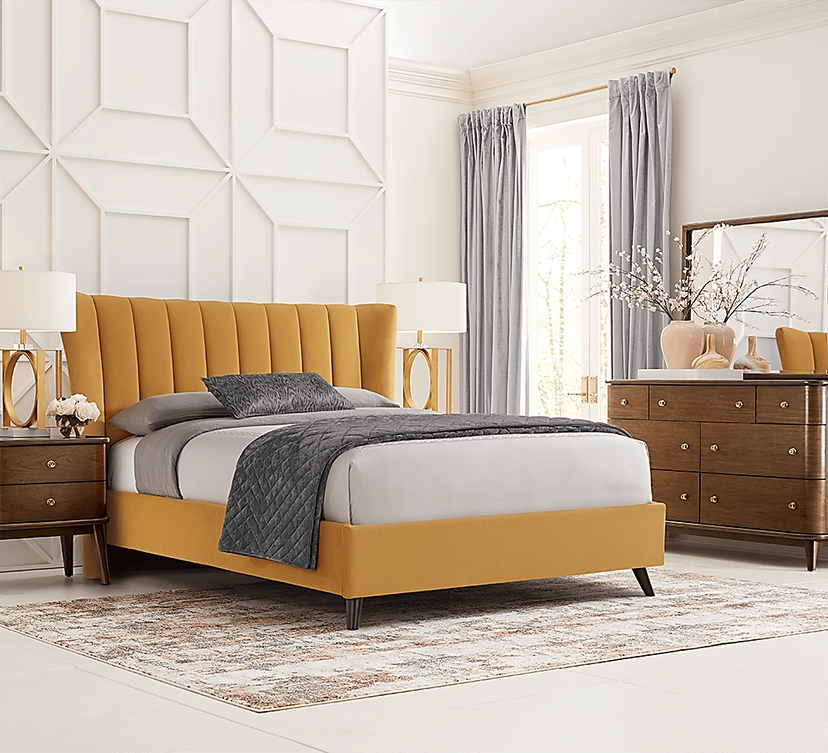 Devon Loft 5 Pc Walnut Dark Wood Yellow Velvet Plush King Bedroom Set ...