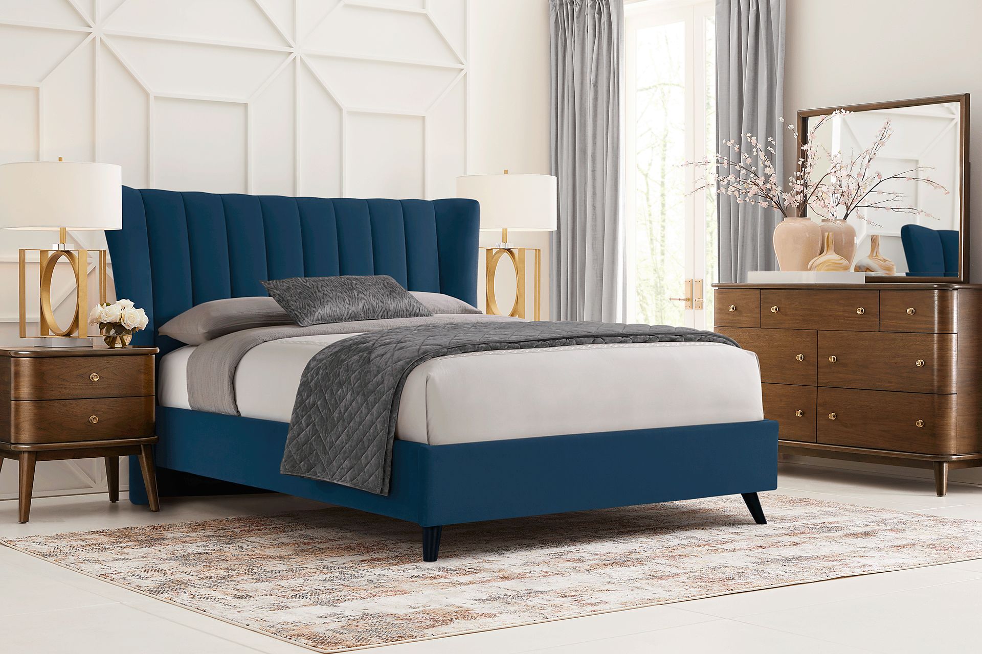 Devon Loft Walnut 6 Pc Bedroom with Nanton Park Blue Queen Upholstered Bed - Image 1