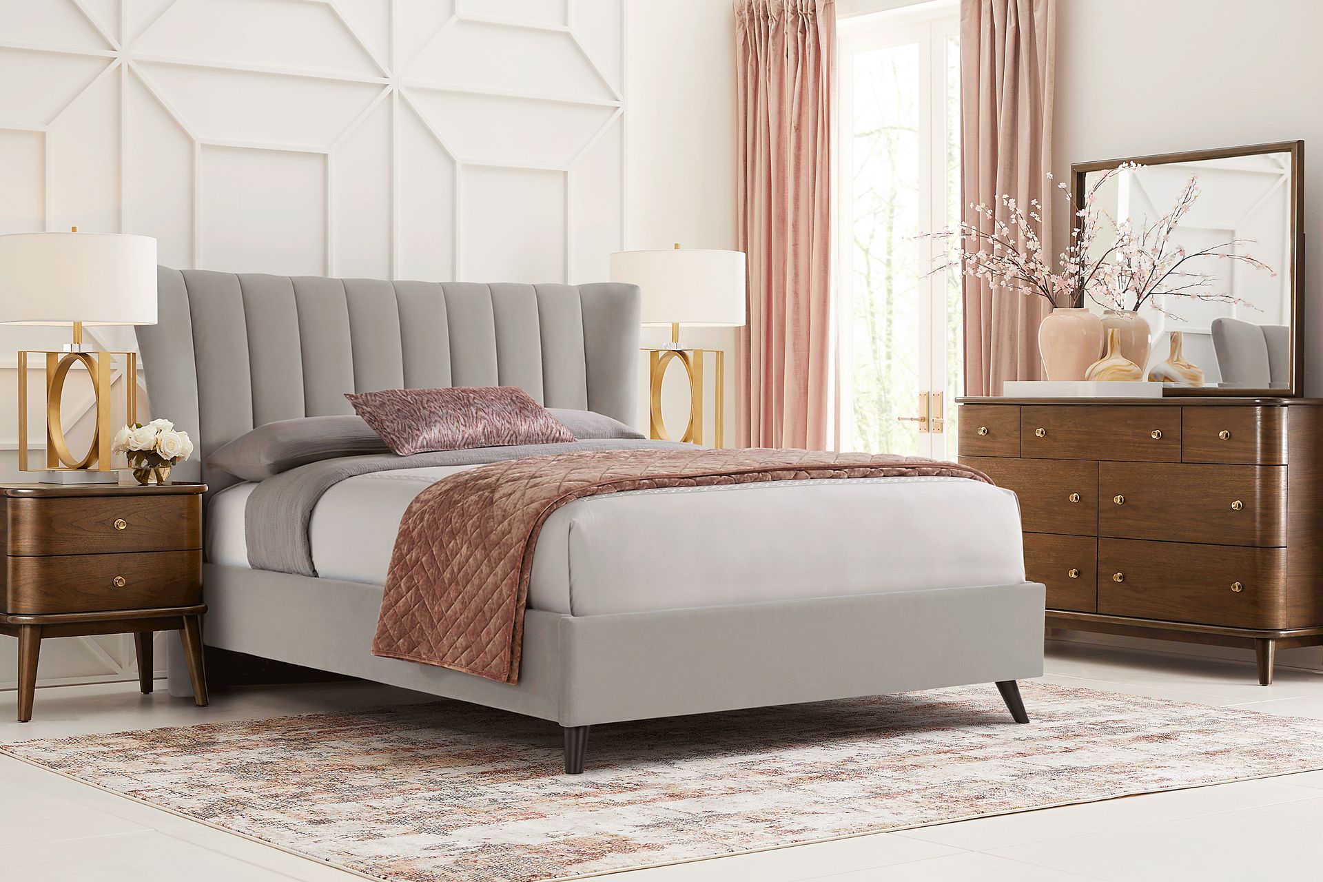 Devon Loft Walnut 6 Pc Bedroom with Nanton Park Gray Queen Upholstered Bed - Image 1