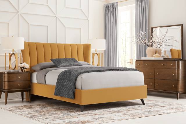 Devon Loft Walnut 7 Pc Bedroom with Nanton Park Yellow King Upholstered Bed - Thumbnail - Image 1