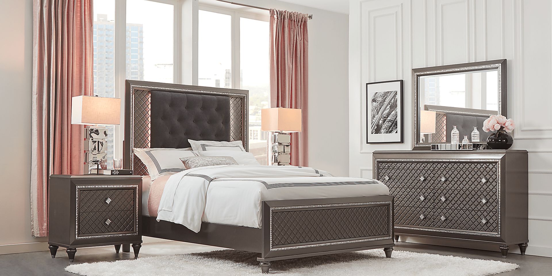 Diamond Falls 7 Pc Gray Queen Bedroom Set With Dresser, Mirror 