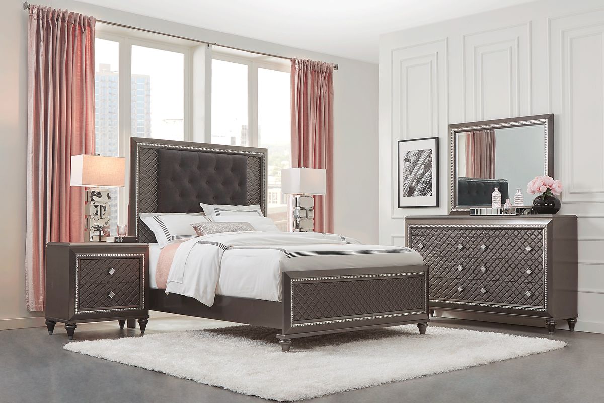 Studio Place 7 Pc Silver Gray King Bedroom Set With Dresser, Mirror, 3 Pc  King Bed, Nightstand