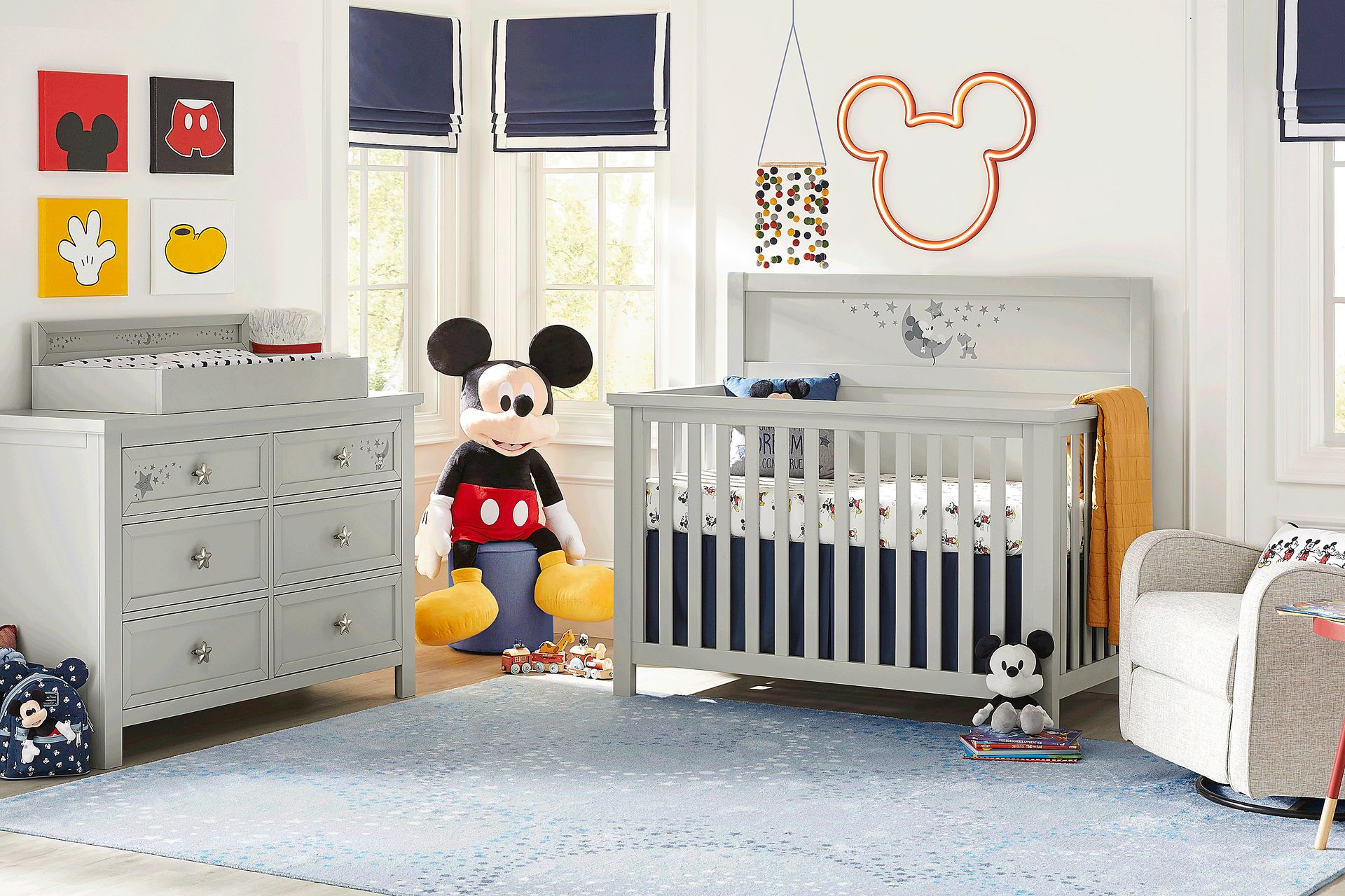 Disney Starry Dreams With Mickey Mouse 3 Pc Gray Bedroom Set With Dresser Changing Tray Crib Rooms to Go