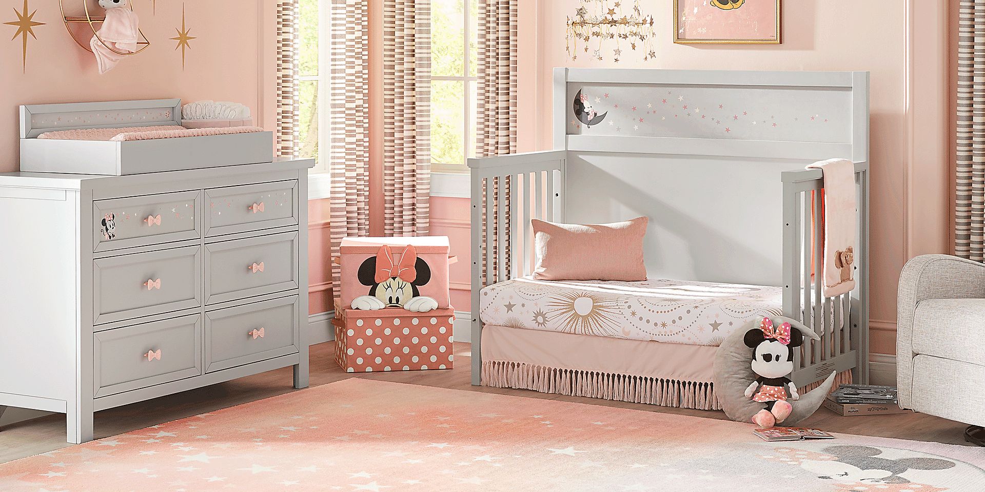 Disney Starry Dreams With Minnie Mouse 3 Pc Gray Bedroom Set With Dresser Changing Tray Crib Rooms to Go