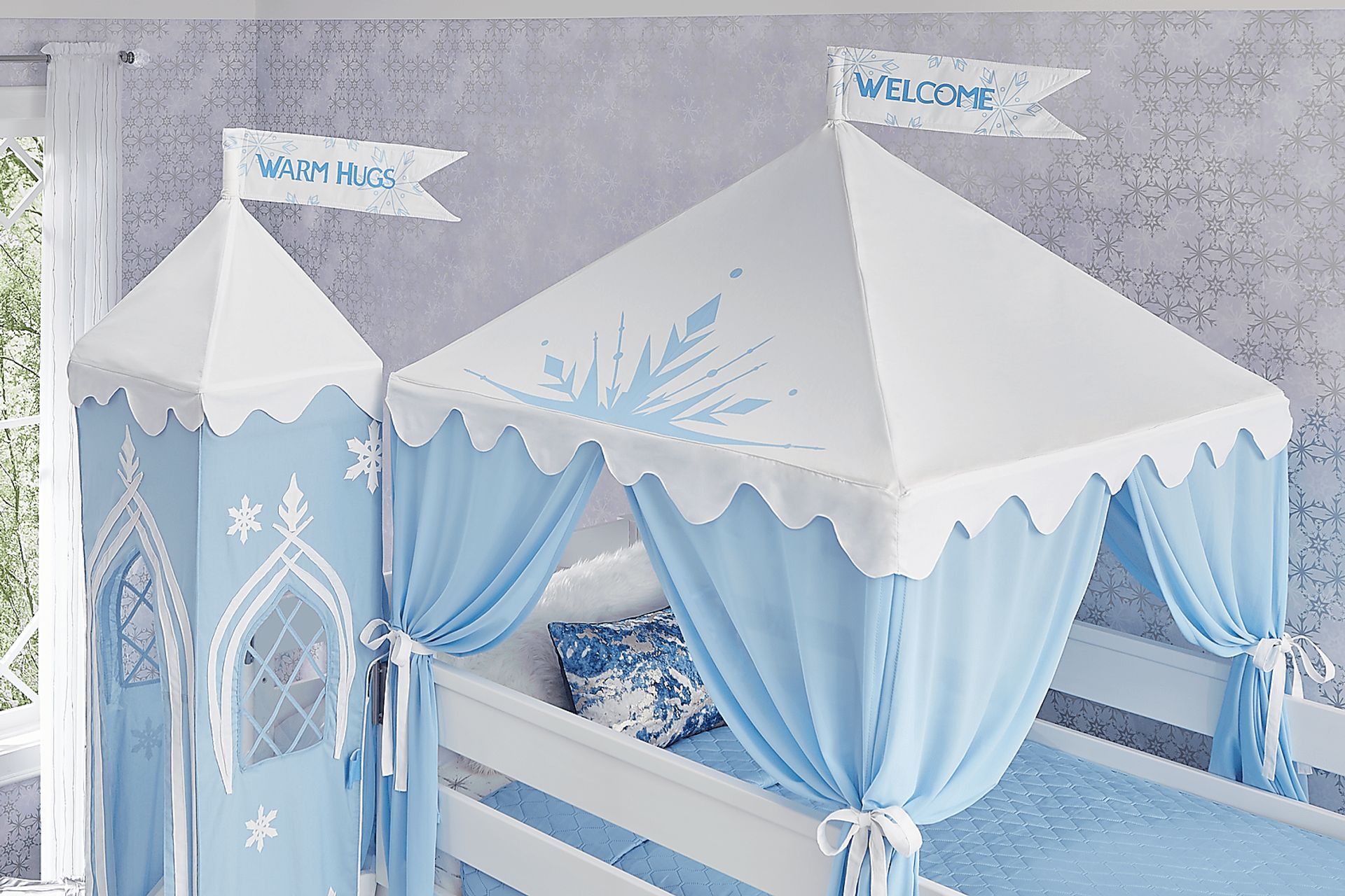 Disney Frozen White Twin Loft Bed with Activity Panel, Tower, Tent and Slide - Image 5