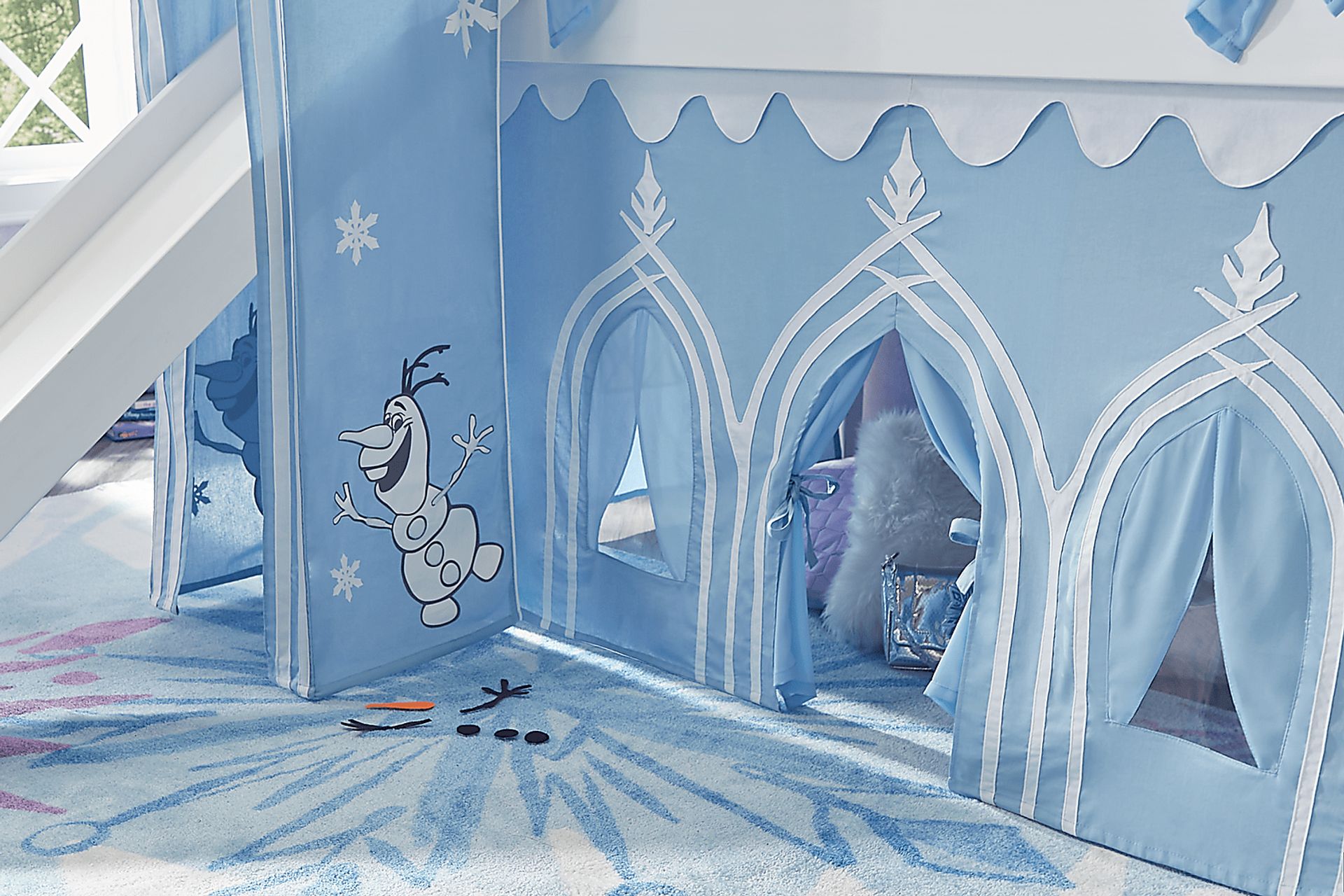 Disney Frozen White Twin Loft Bed with Activity Panel, Tower, Tent and Slide - Image 7