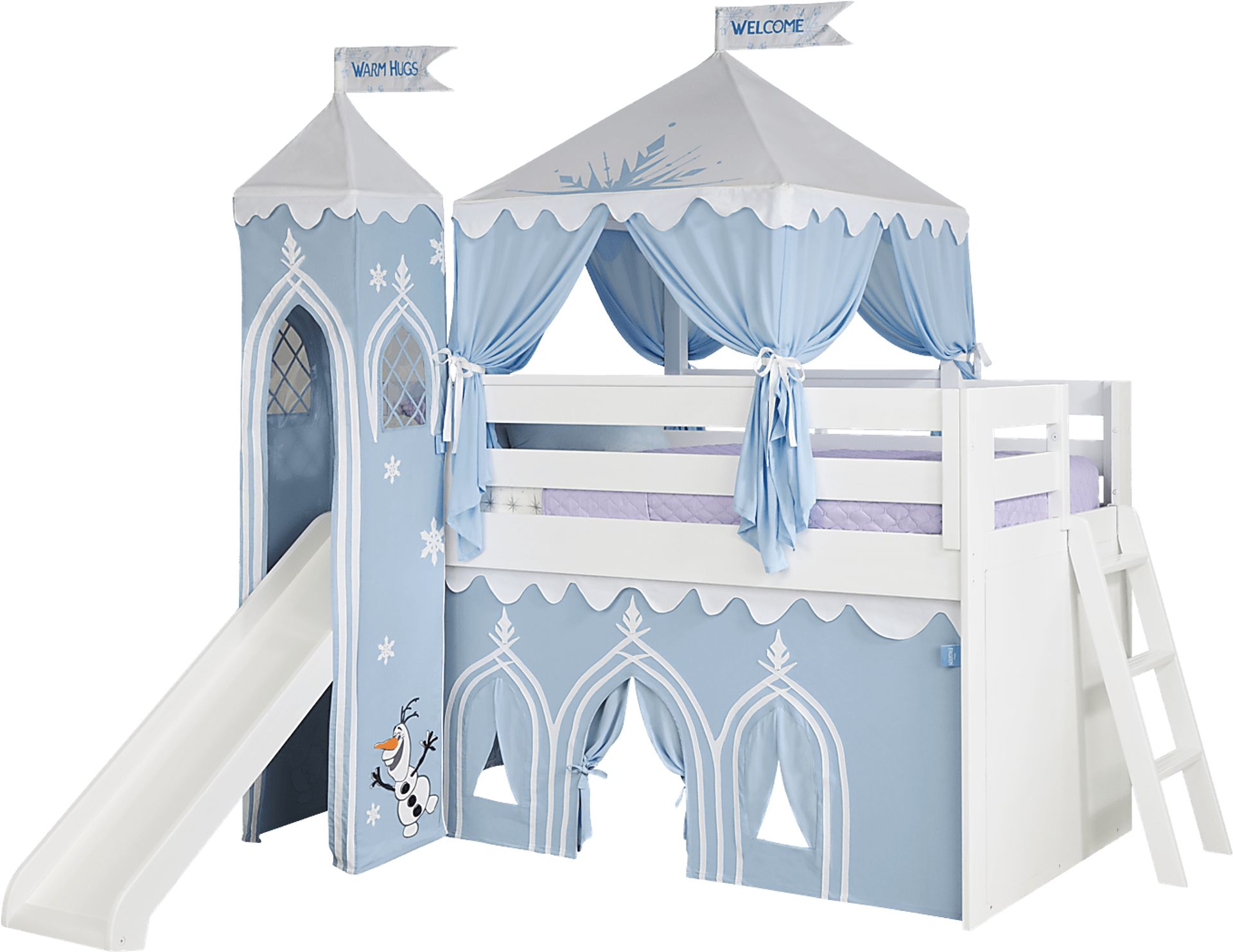 Disney Frozen White Colors White Loft Bed With Slide And Tower Rooms to Go