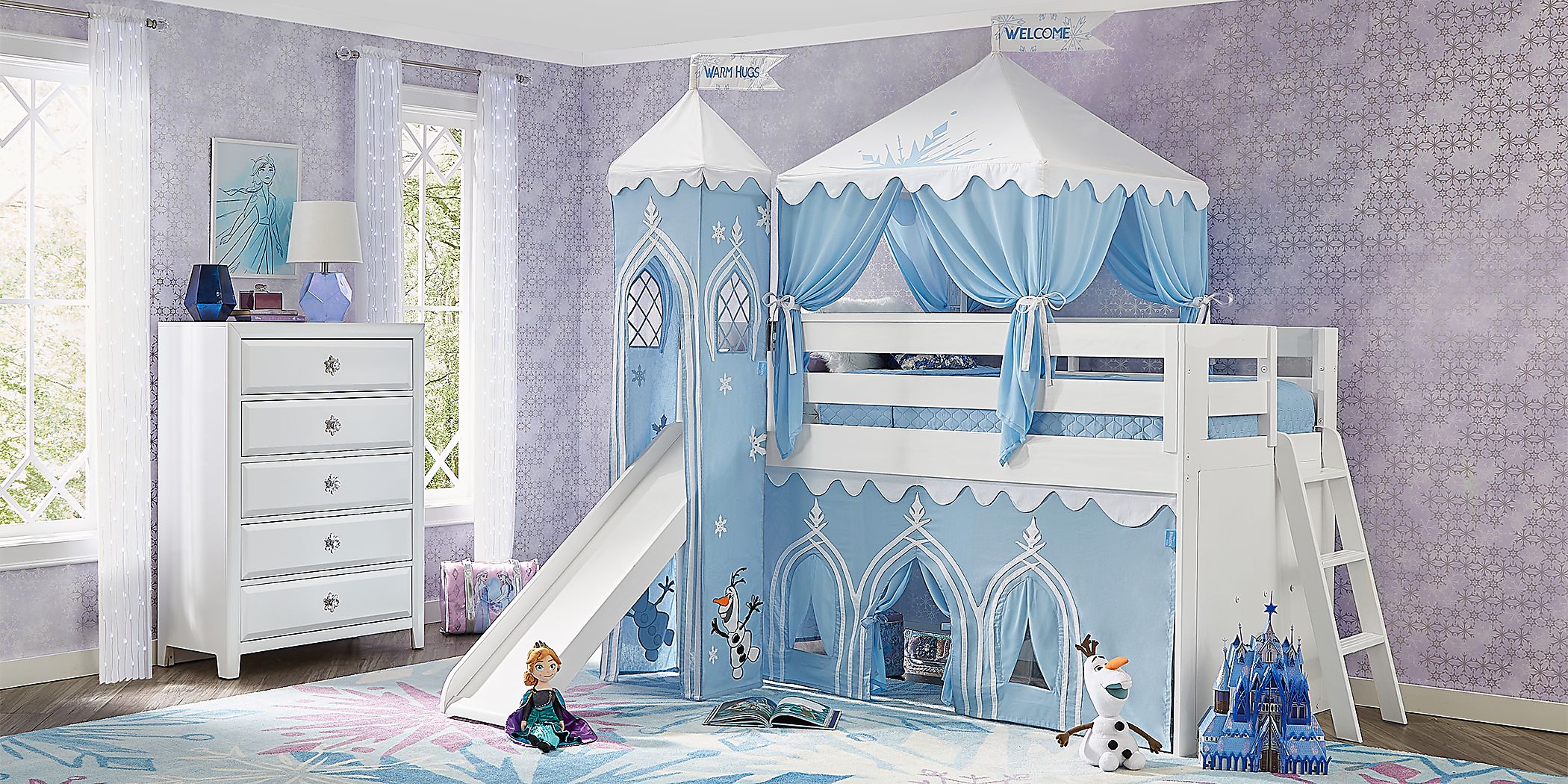 Disney Frozen White Colors,White Loft Bed With Slide And Tower