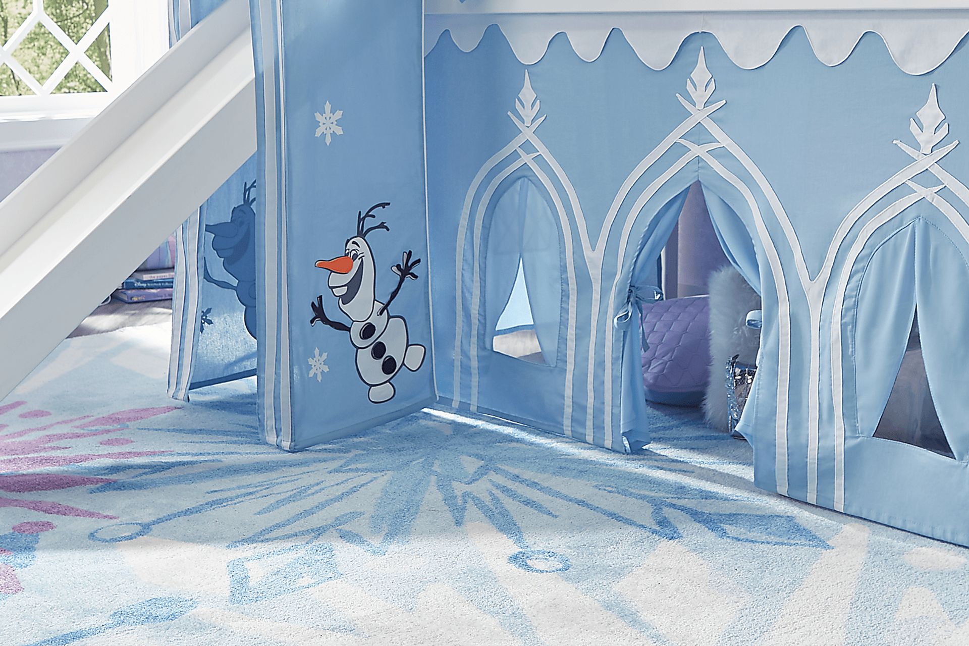 Disney Frozen White Twin Step Loft Bed with Activity Panel, Tower, Tent and Slide - Image 11