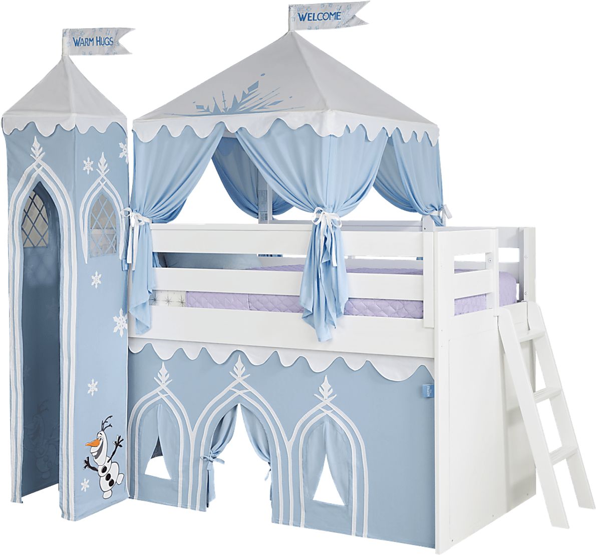 Disney Frozen White Twin Loft Bed with Whiteboard and Tower