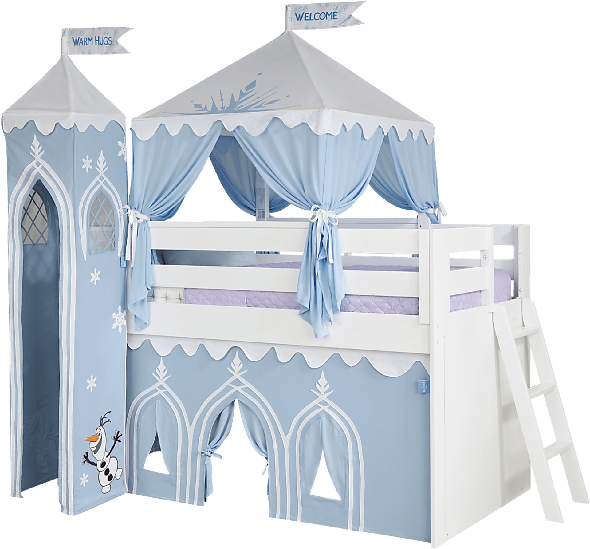 Disney Frozen White Twin Loft Bed with Whiteboard and Tower - Image 1